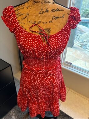 Red Printed Smocked Waist Summer Dress
